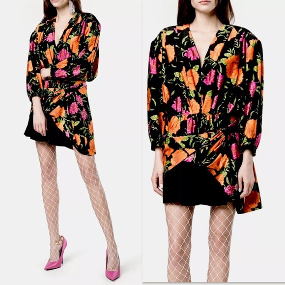 BALENCIAGA Floral Asymmetrical Hem Pleated Bunched Waist Mini Dress - Picture 5 of 9